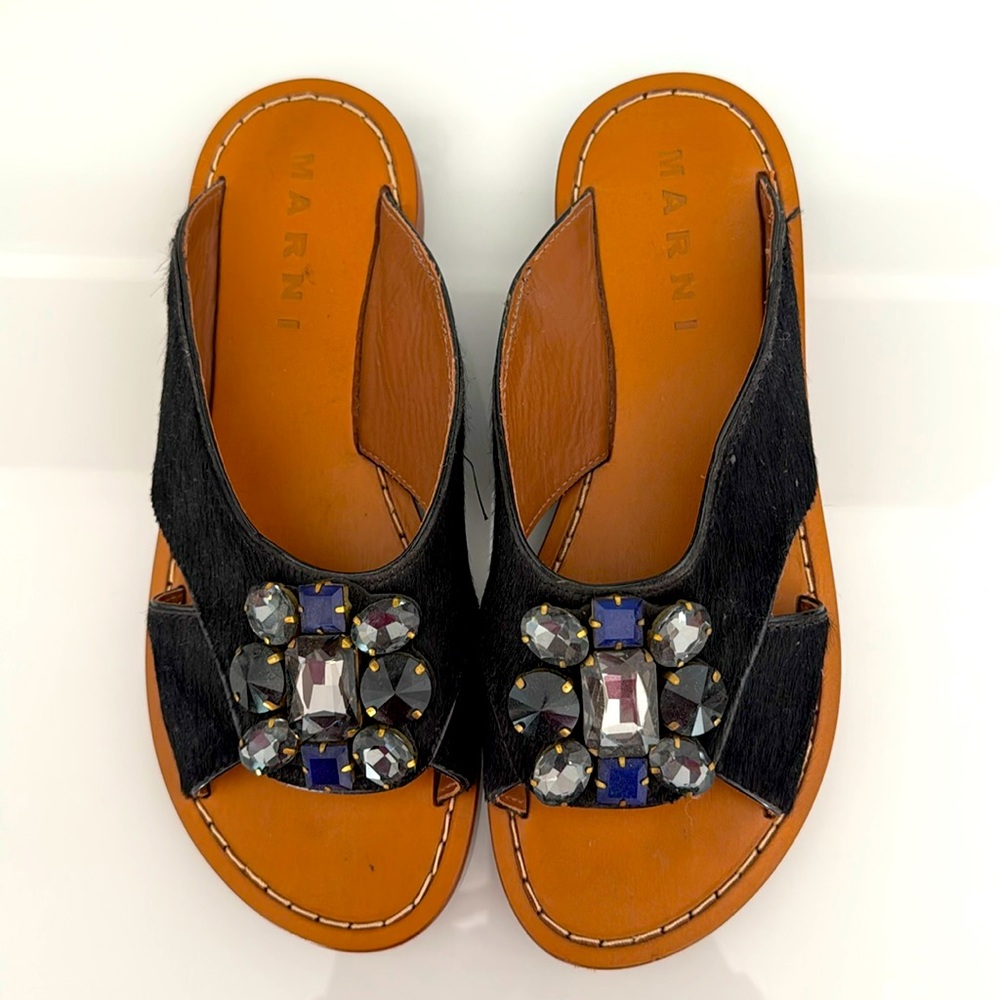 MARNI sandals 
Black with embellishments 
Real calf fur 
Size: 37
